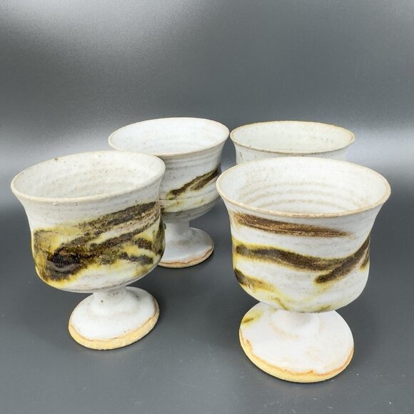 Vintage Hand Made Stoneware Pottery Footed Cups Goblets Set 4 Drip Glaze Cups - Picture 14 of 15